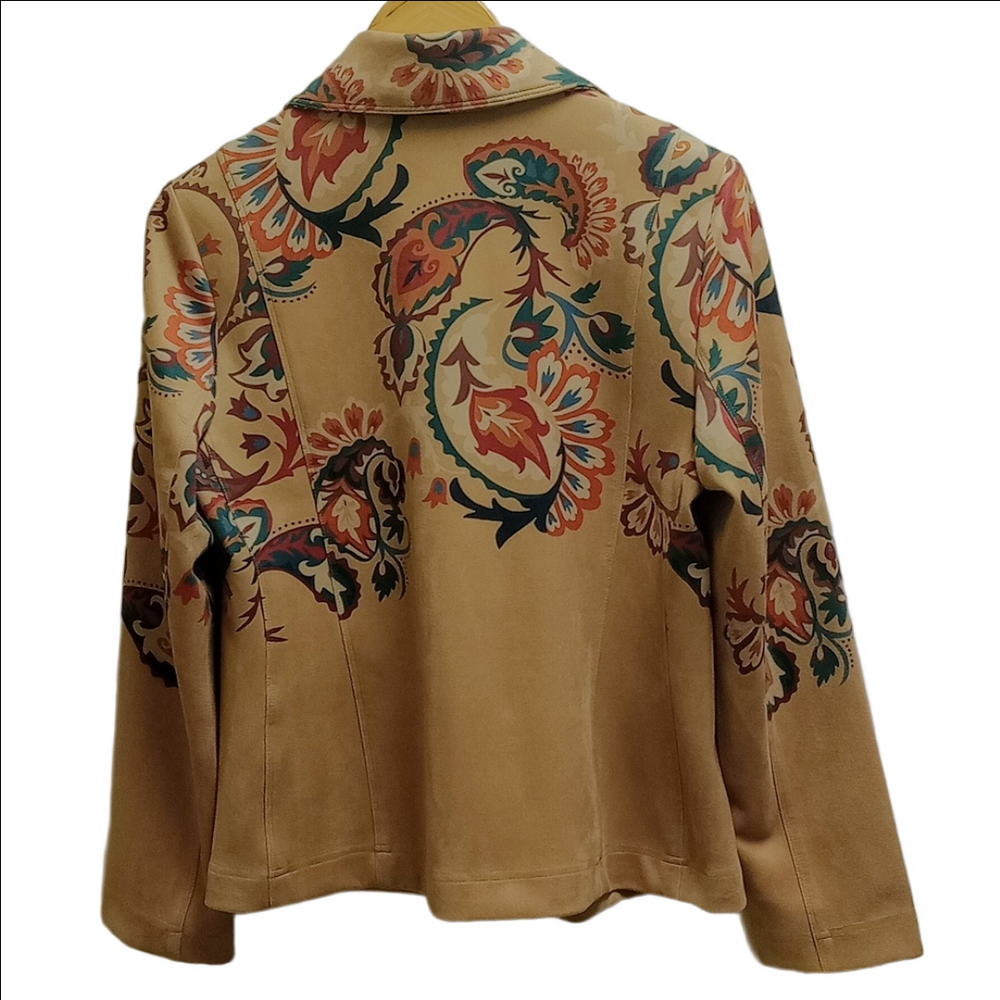 CHICO'S ARTISANAL TAN FAUX SUEDE WOMEN'S JACKET WITH MULTICOLOR PAISLEY DESIGNS - Picture 8 of 12